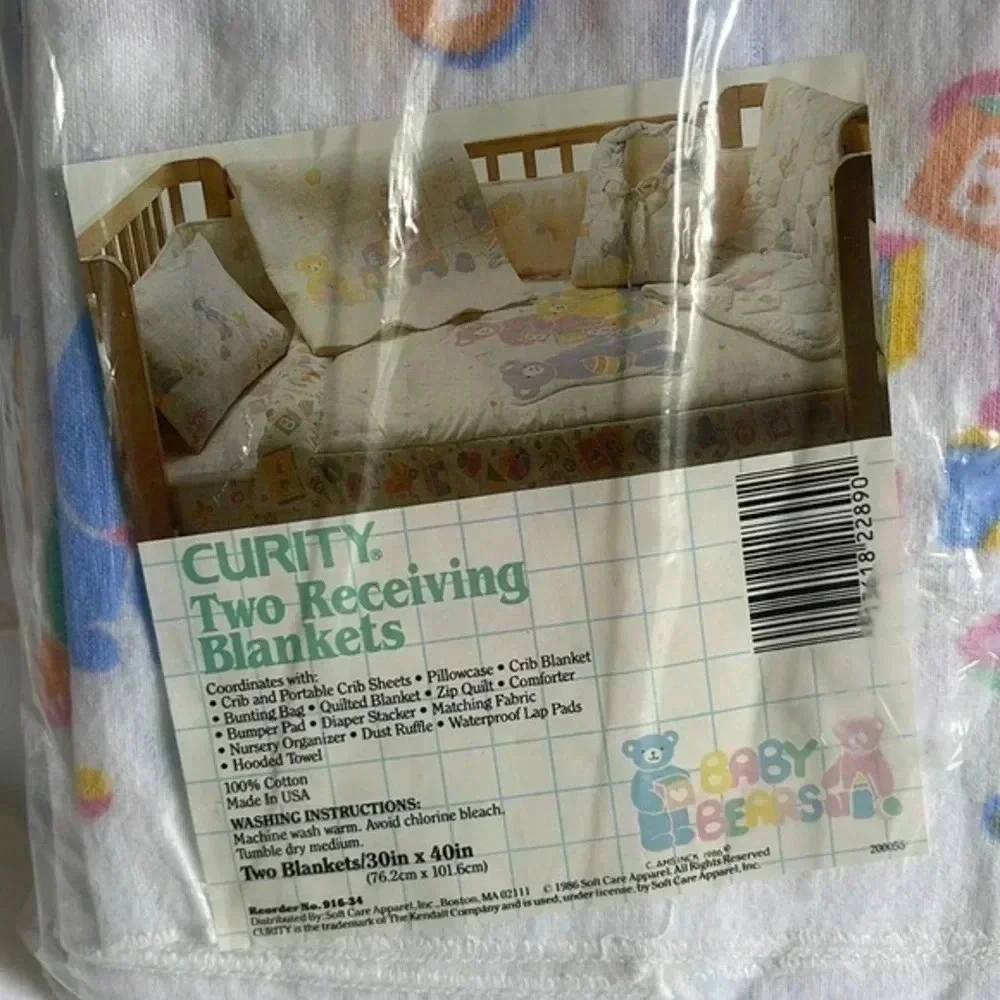 Curity Two Receiving Blankets Baby Bears 30inx40in Blue Pink Caldor Vintage 1986